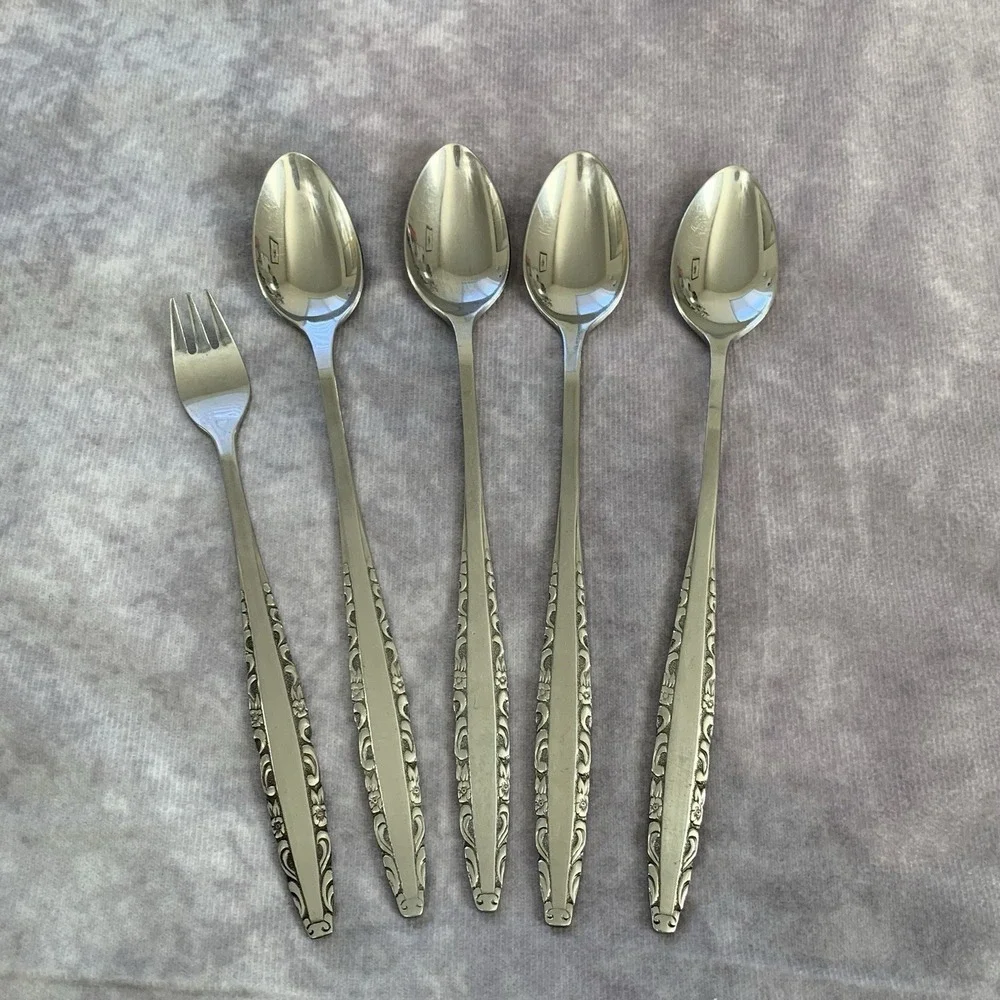 Vtg Northland Stainless Oneida Love Story 4 Long Handle Ice Tea Spoons & Fork